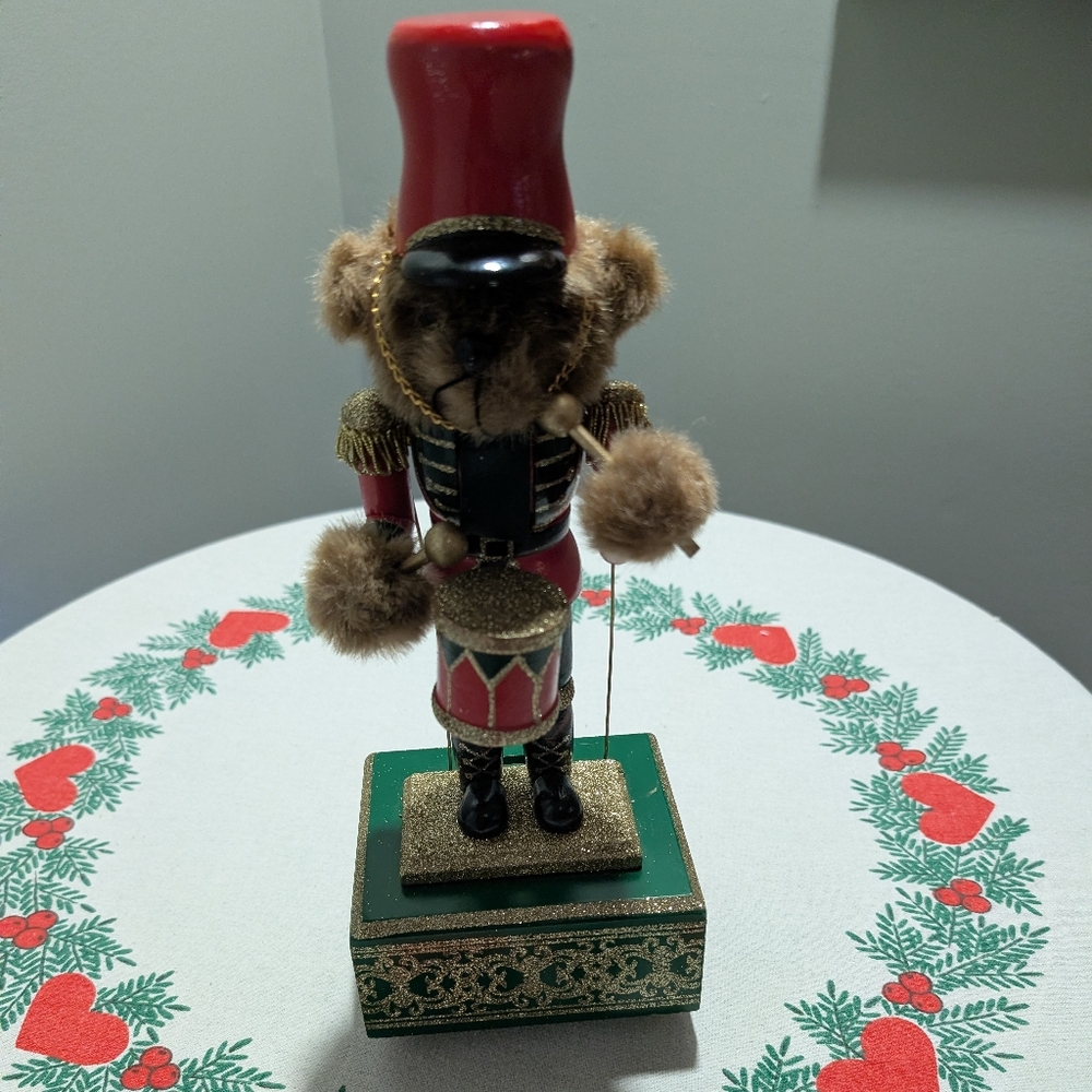 MUSICAL TEDDY BEAR WOODEN NUTCRACKER ON WOOD STAND 12”H GLUCKSTEIN HOME DECOR